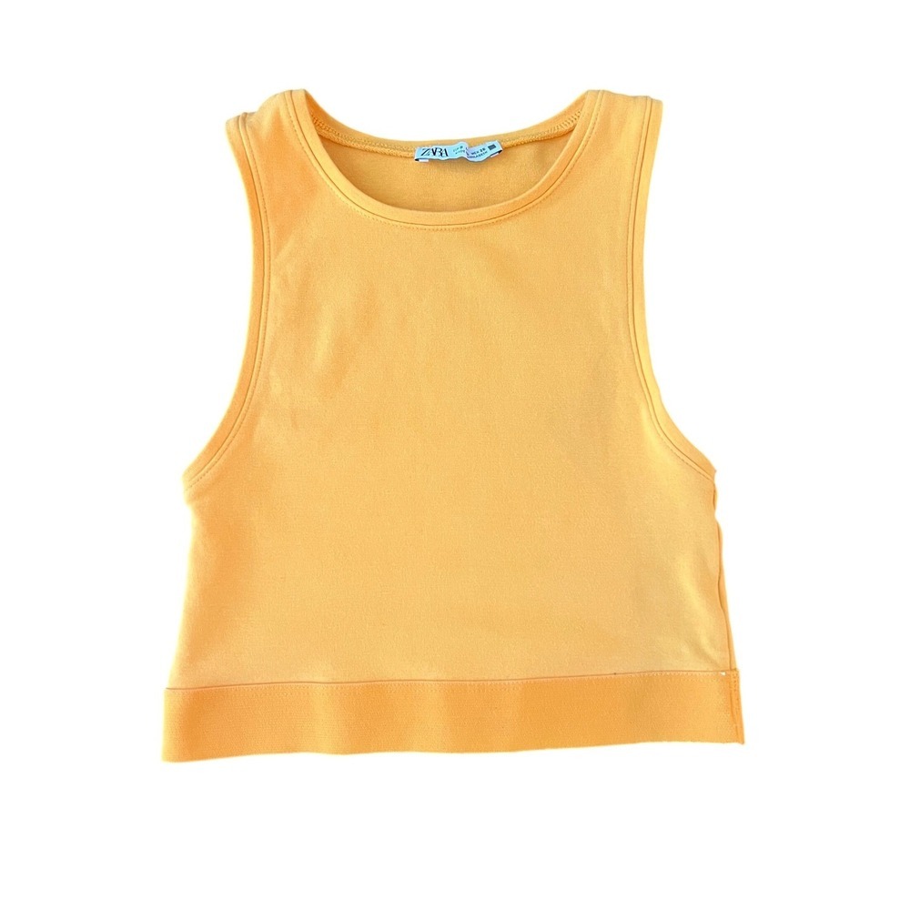 Zara Ribbed Knit Crop Tank Top Orange Yellow High Neck Sleeveless Small (1200)
